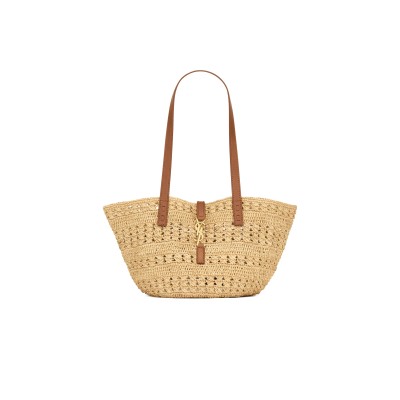 YSL PANIER SMALL BAG IN CROCHET RAFFIA AND SMOOTH LEATHER 685618GAAAC2080 (38*20*21cm)